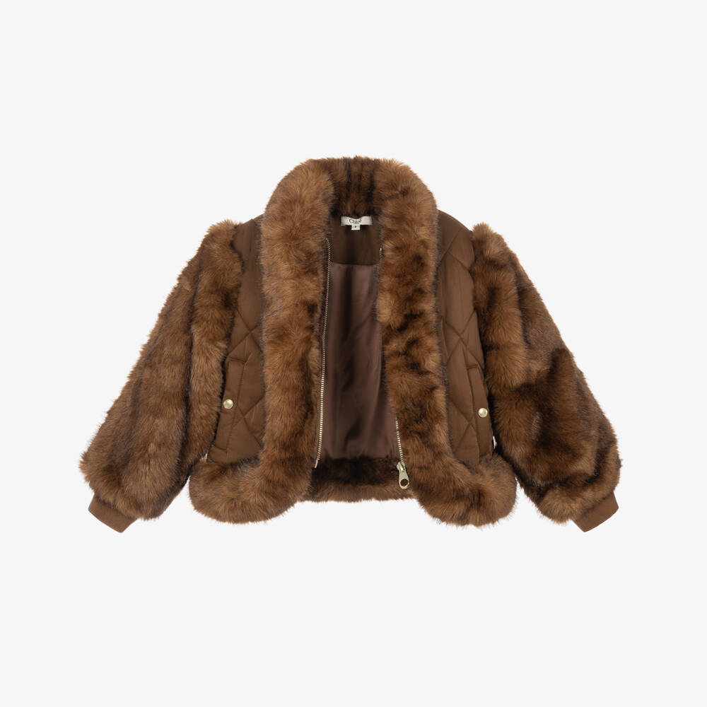 Chloé-Girls Brown Quilted Jacket with Faux Fur | Childrensalon