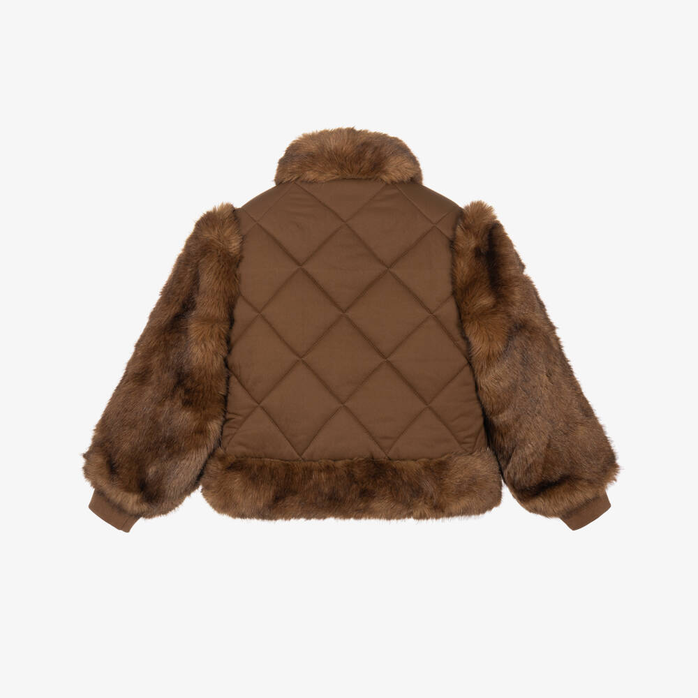Chloé-Girls Brown Quilted Jacket with Faux Fur | Childrensalon