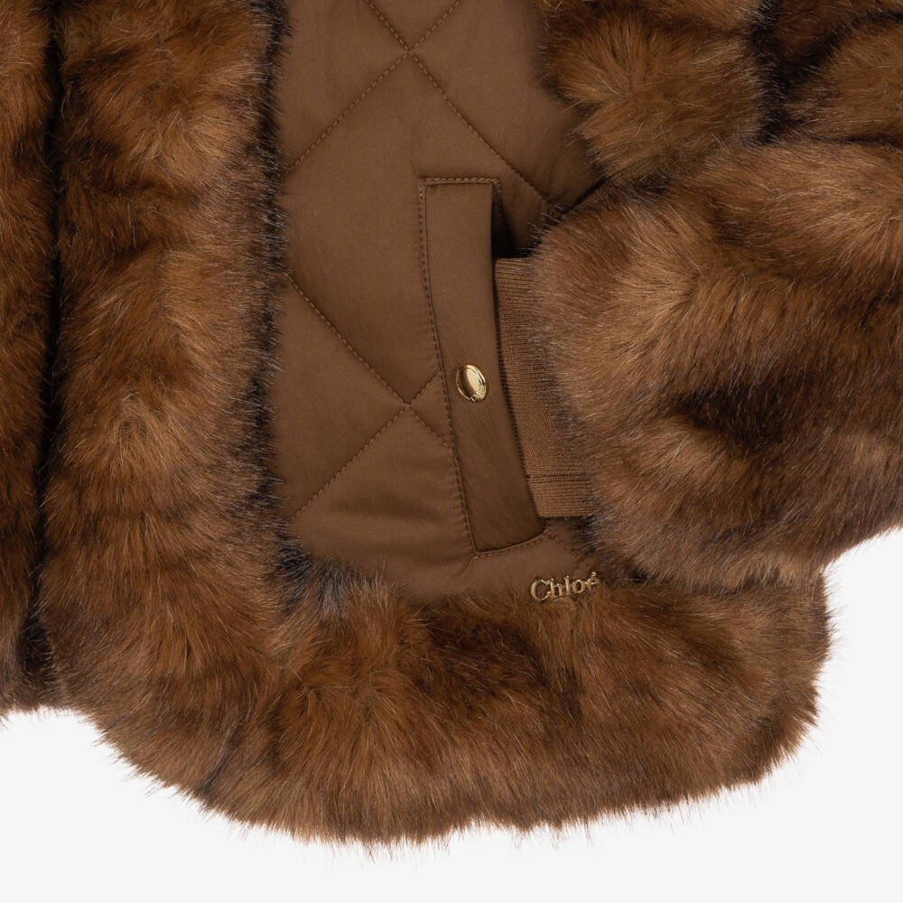 Chloé-Girls Brown Quilted Jacket with Faux Fur | Childrensalon