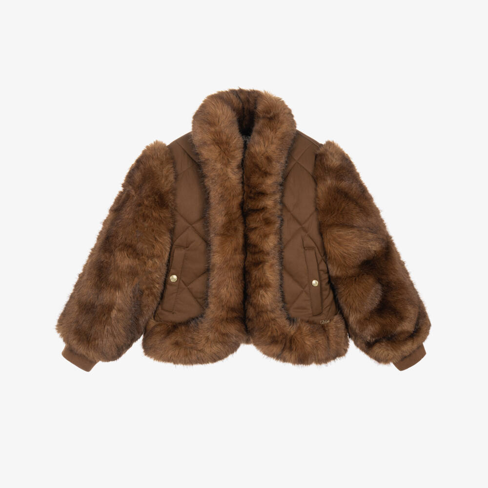 Chloé-Girls Brown Quilted Jacket with Faux Fur | Childrensalon