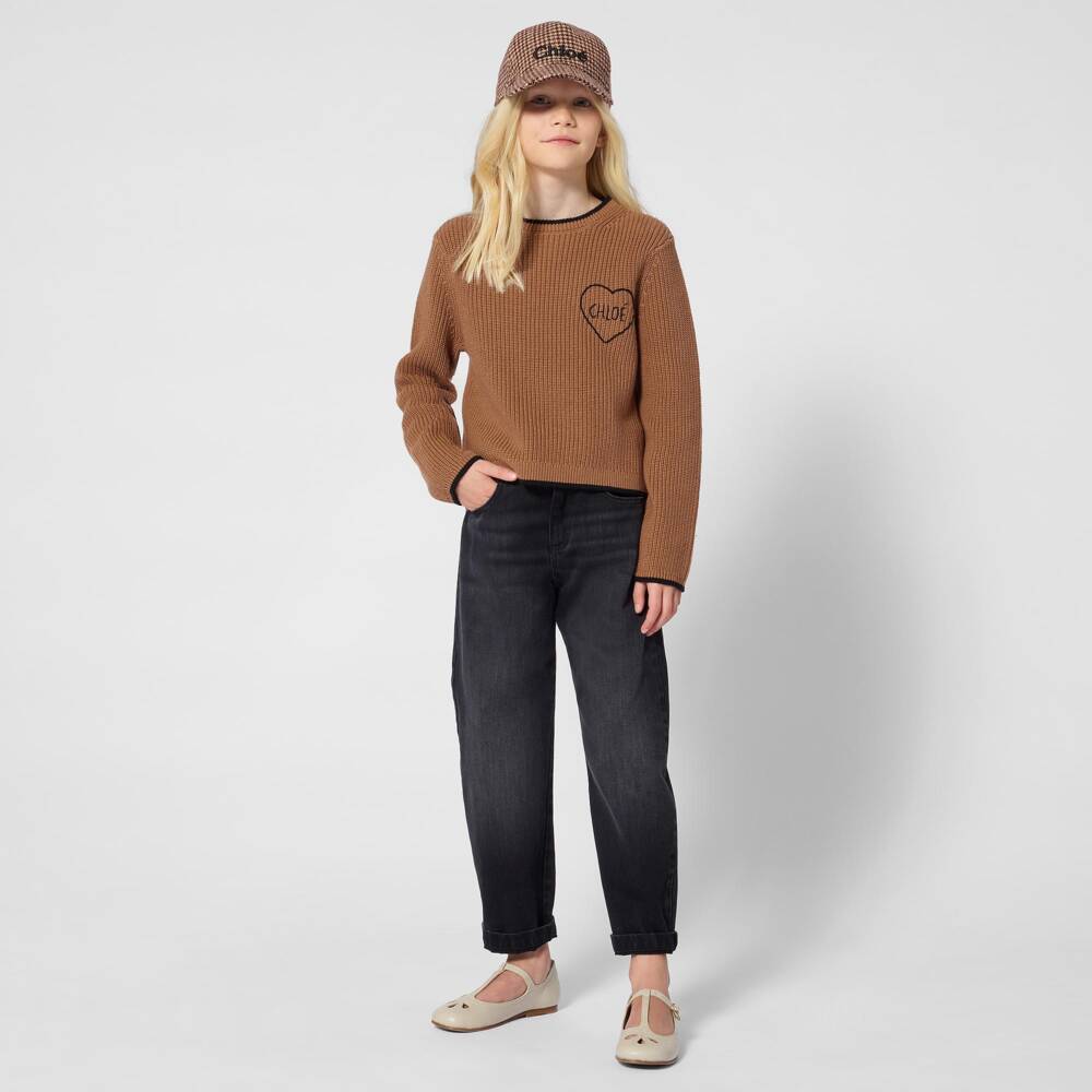 Chloé-Girls Brown Ribbed Sweater with Heart Embroidery | Childrensalon