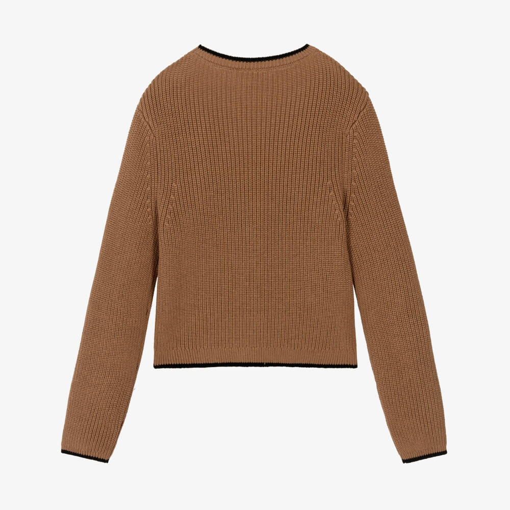 Chloé-Girls Brown Ribbed Sweater with Heart Embroidery | Childrensalon