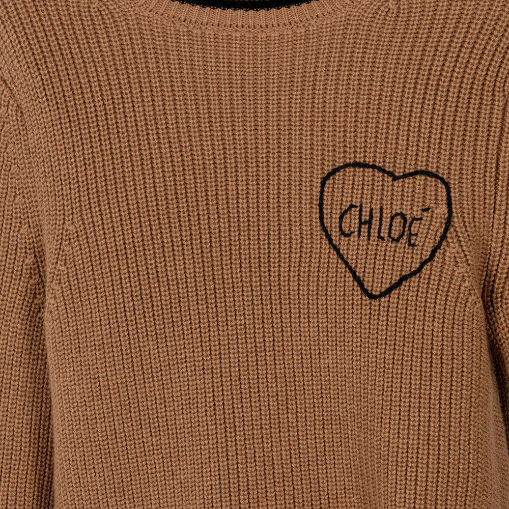 Chloé-Girls Brown Ribbed Sweater with Heart Embroidery | Childrensalon