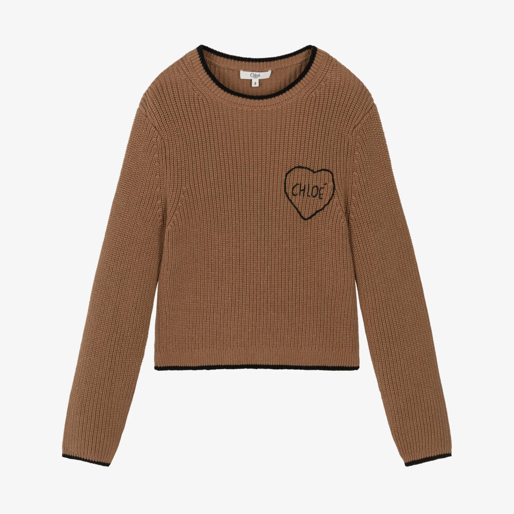 Chloé-Girls Brown Ribbed Sweater with Heart Embroidery | Childrensalon