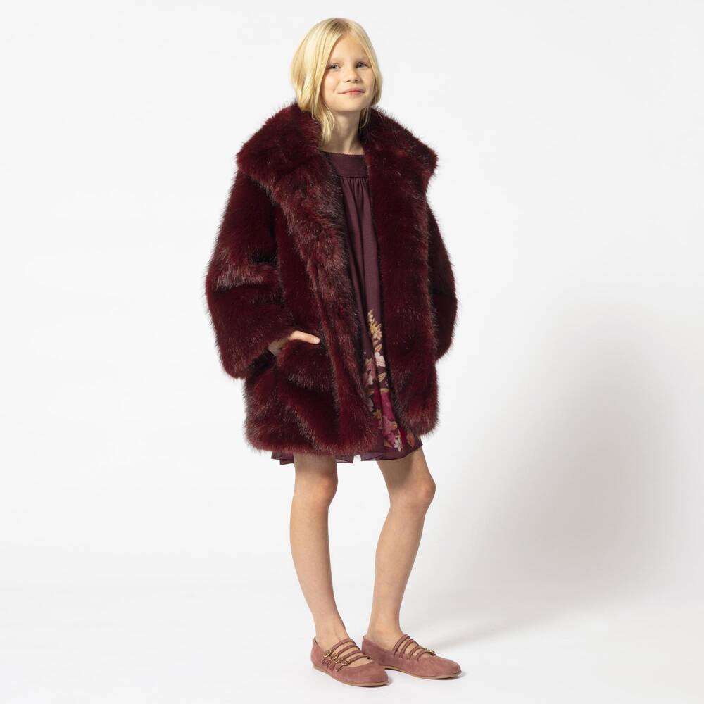 Chloé-Girls Burgundy Faux Fur Coat | Childrensalon
