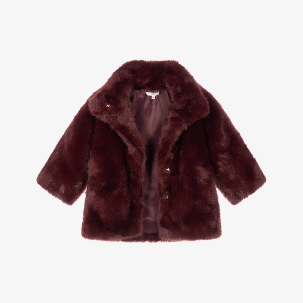 Chloé-Girls Burgundy Faux Fur Coat | Childrensalon