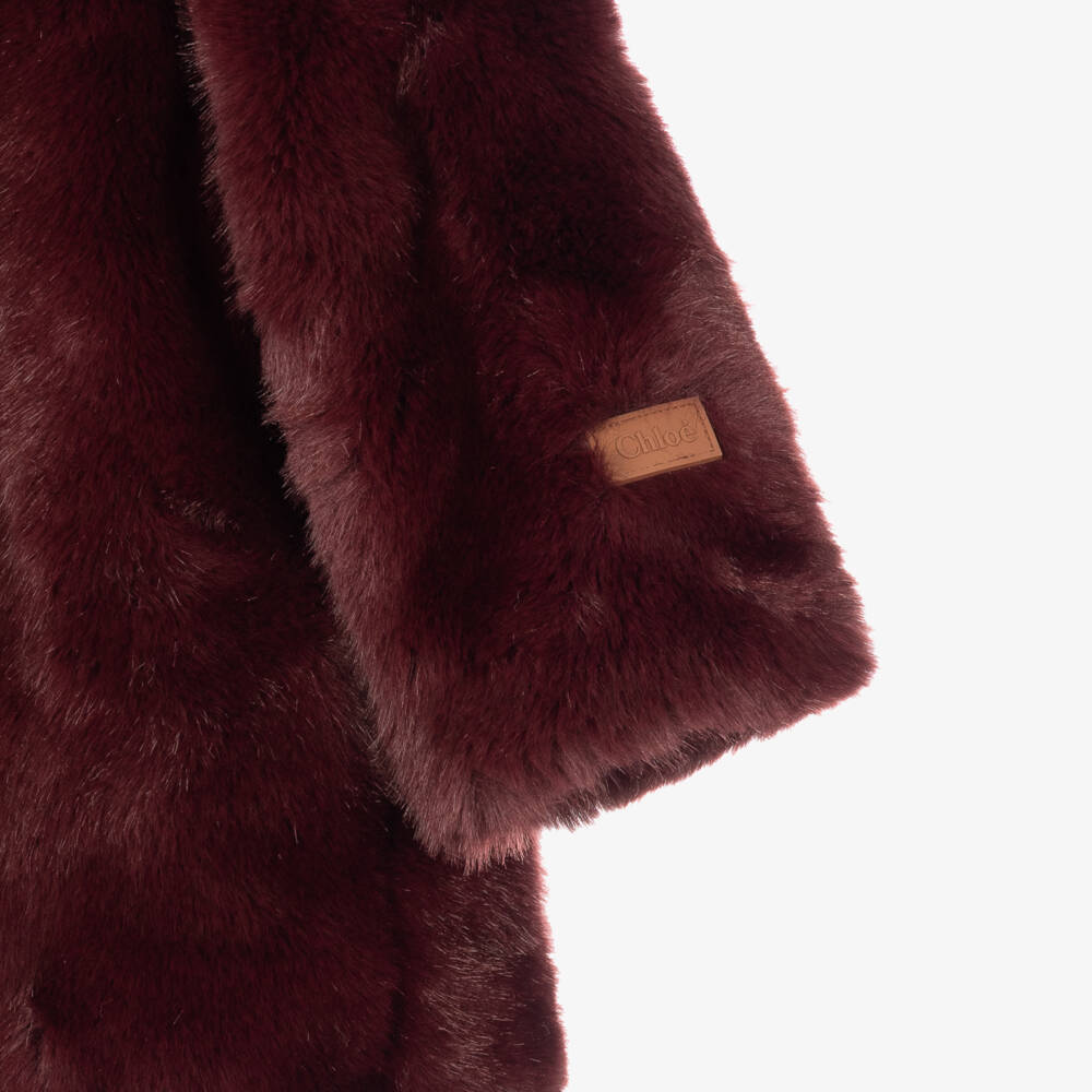 Chloé-Girls Burgundy Faux Fur Coat | Childrensalon