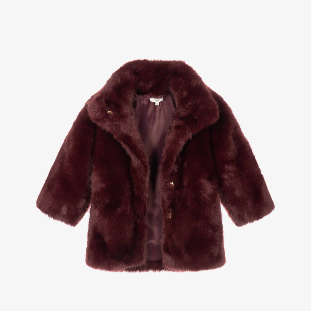 Chloé-Girls Burgundy Faux Fur Coat | Childrensalon