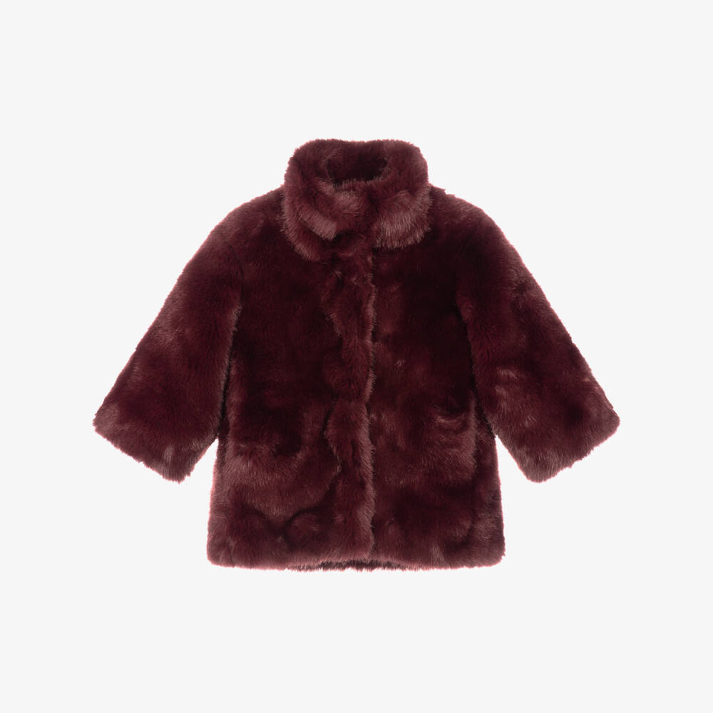 Chloé-Girls Burgundy Faux Fur Coat | Childrensalon