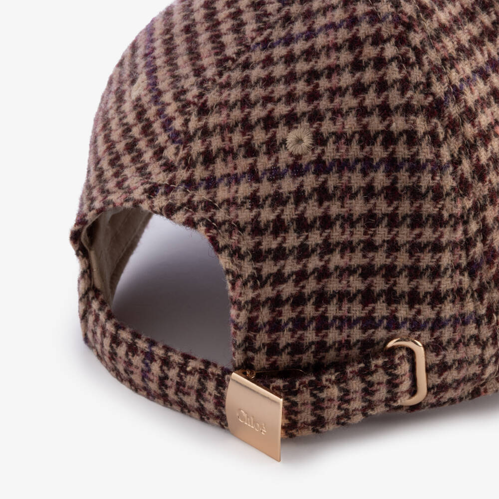 Chloé-Girls Burgundy Houndstooth Check Cap | Childrensalon
