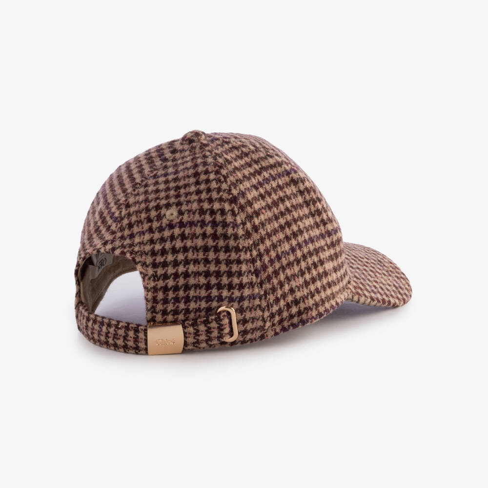 Chloé-Girls Burgundy Houndstooth Check Cap | Childrensalon