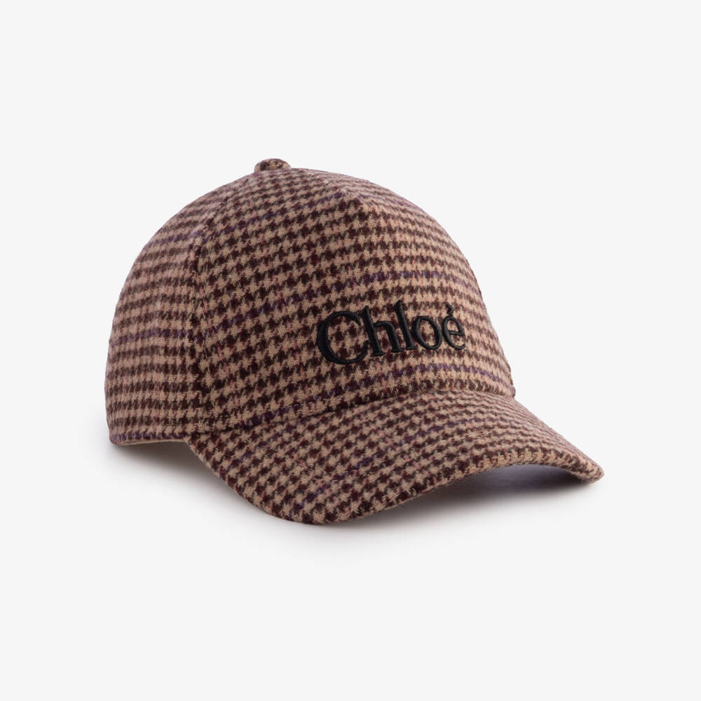 Chloé-Girls Burgundy Houndstooth Check Cap | Childrensalon