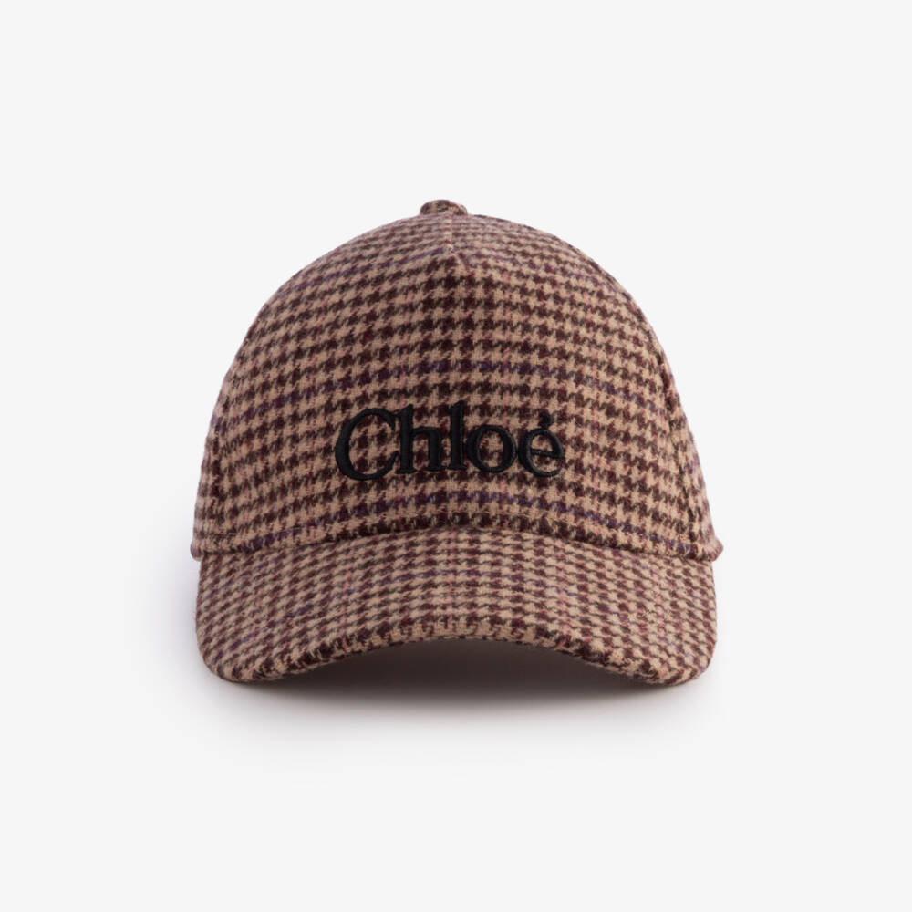 Chloé-Girls Burgundy Houndstooth Check Cap | Childrensalon