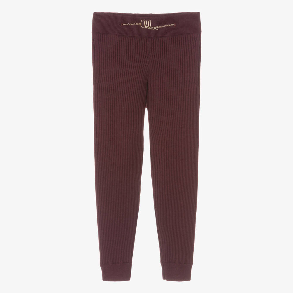 Chloé-Girls Burgundy Purple Ribbed Knit Joggers | Childrensalon