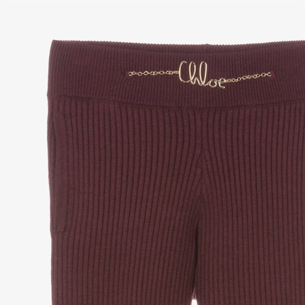 Chloé-Girls Burgundy Purple Ribbed Knit Joggers | Childrensalon