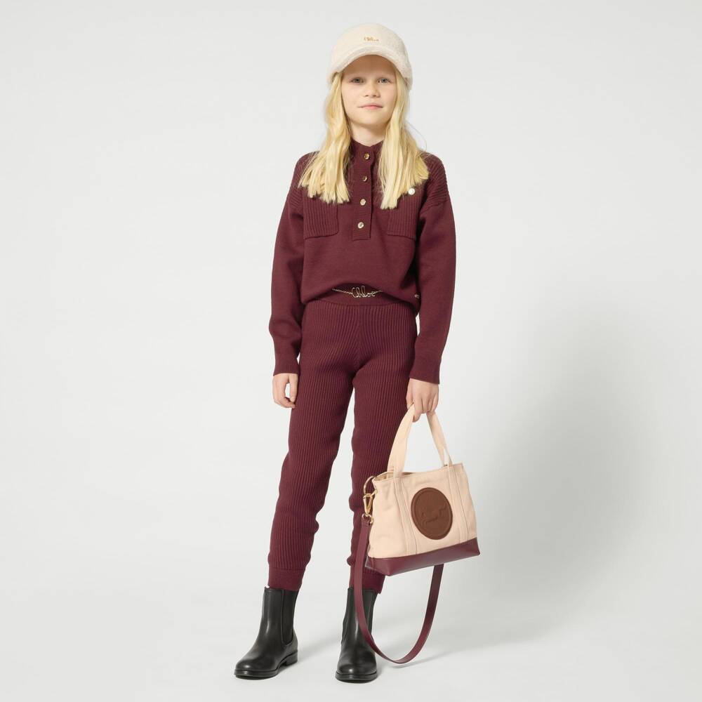 Chloé-Girls Burgundy Purple Ribbed Knit Joggers | Childrensalon