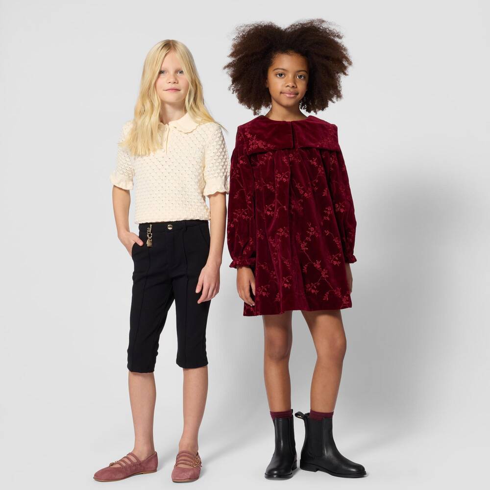 Chloé-Girls Burgundy Red Dress in Embroidered Floral Velvet | Childrensalon