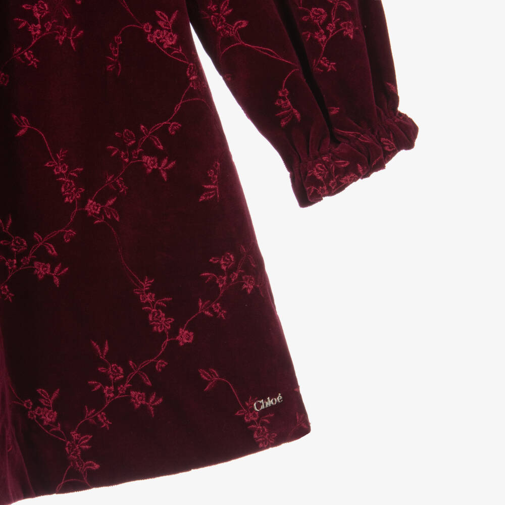 Chloé-Girls Burgundy Red Dress in Embroidered Floral Velvet | Childrensalon