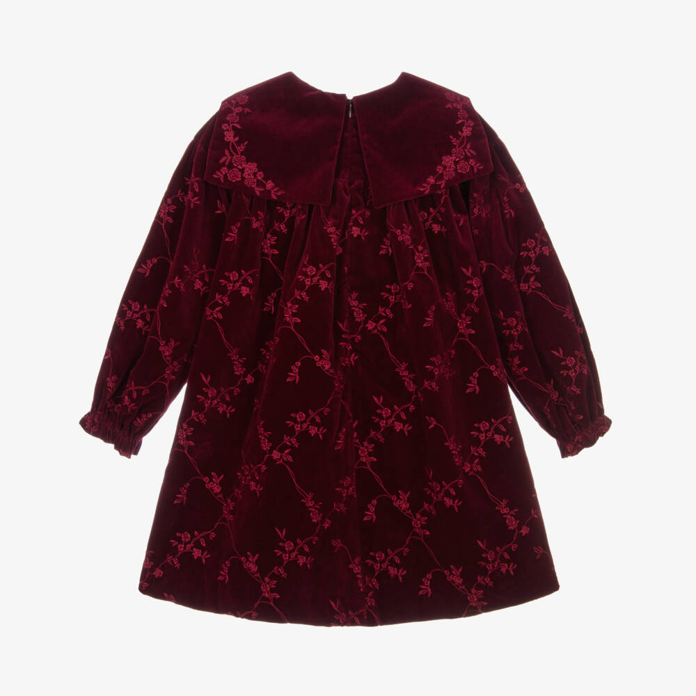 Chloé-Girls Burgundy Red Dress in Embroidered Floral Velvet | Childrensalon