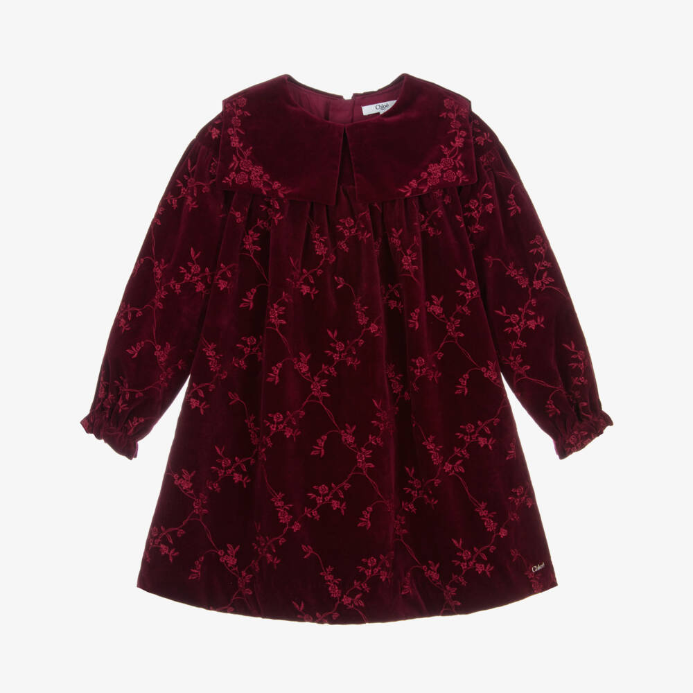 Chloé-Girls Burgundy Red Dress in Embroidered Floral Velvet | Childrensalon