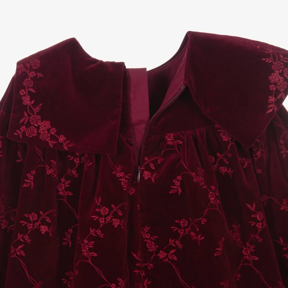 Chloé-Girls Burgundy Red Dress in Embroidered Floral Velvet | Childrensalon