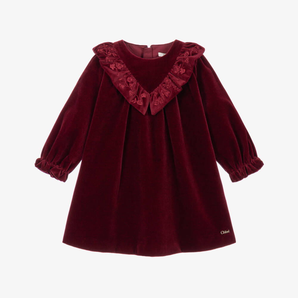 Chloé-Girls Burgundy Velvet Dress with Embroidered Collar | Childrensalon