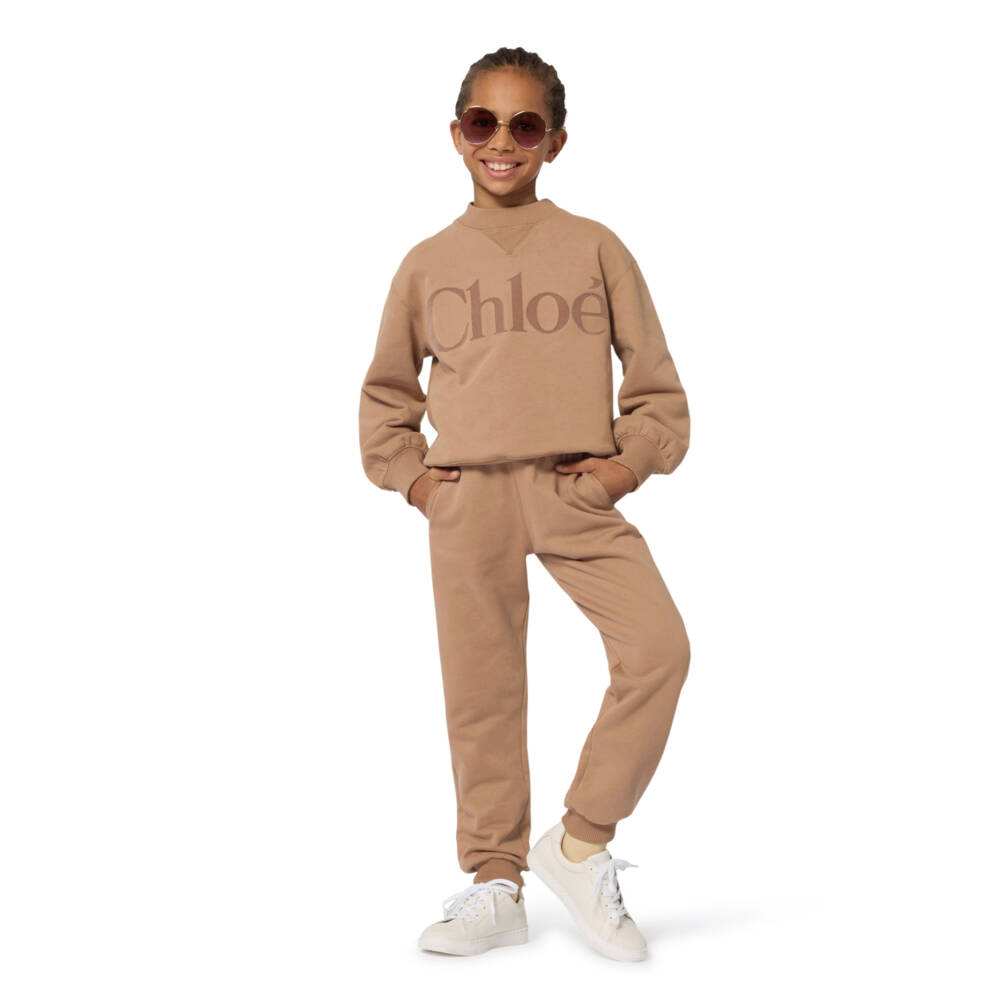 Chloé-Girls Caramel Brown Cotton Joggers with Flocked Logo | Childrensalon