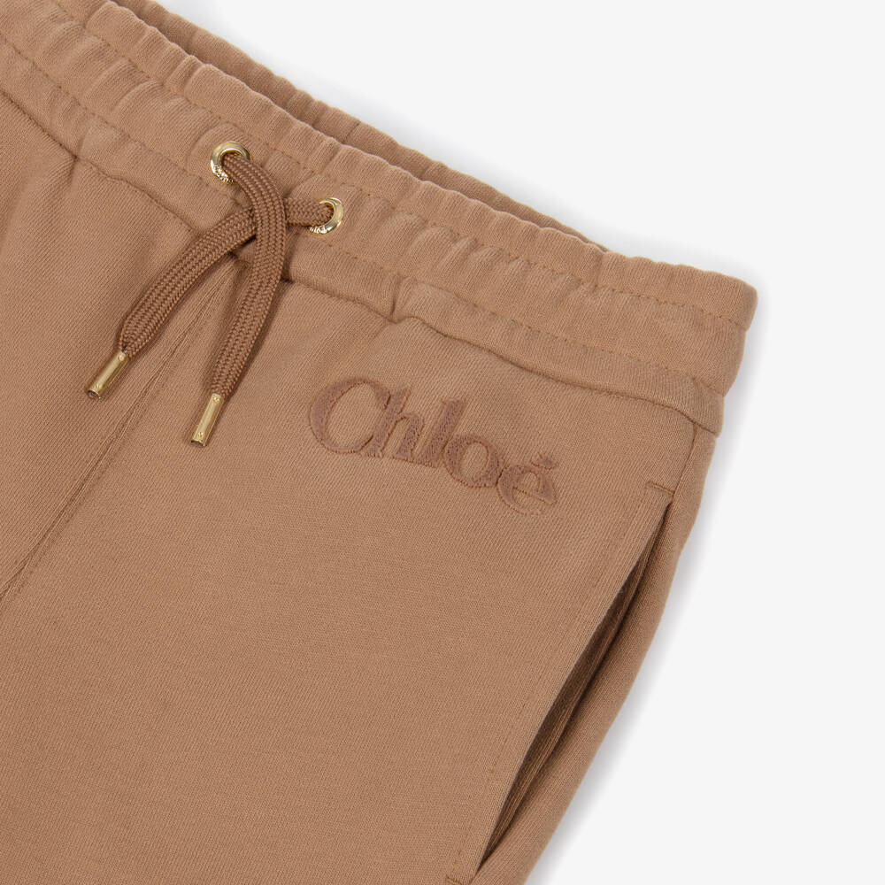 Chloé-Girls Caramel Brown Cotton Joggers with Flocked Logo | Childrensalon