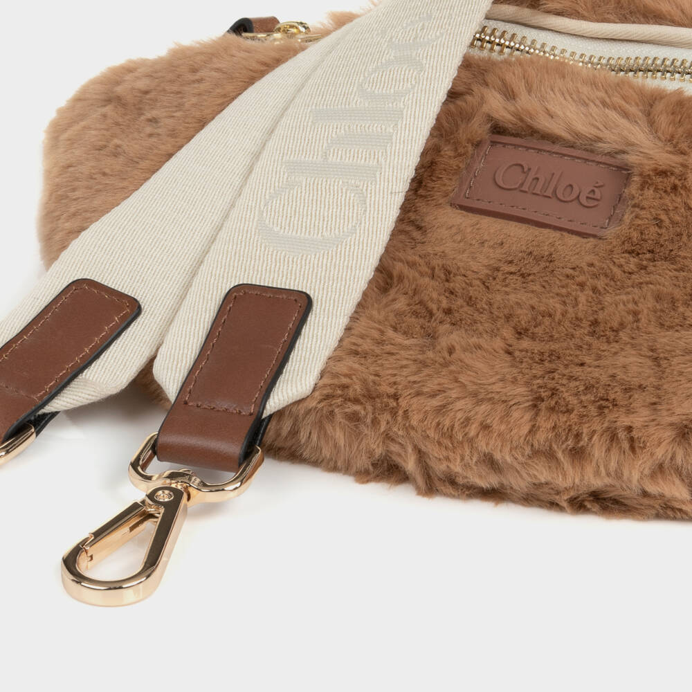 Chloé-Girls Caramel Brown Faux Fur Crossbody Bag (28cm) | Childrensalon