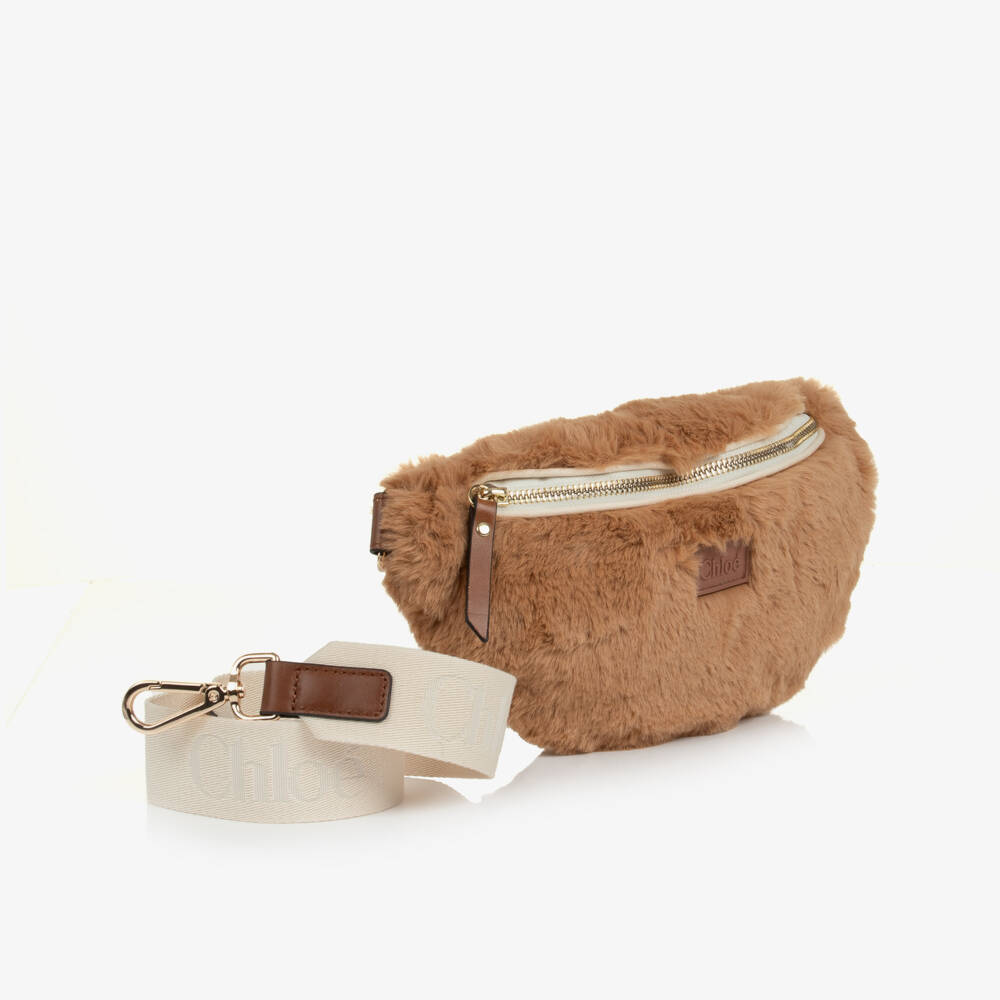 Chloé-Girls Caramel Brown Faux Fur Crossbody Bag (28cm) | Childrensalon