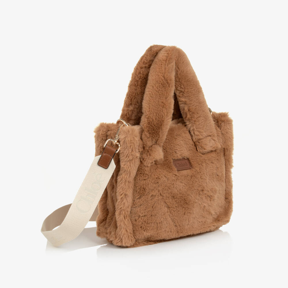 Chloé-Girls Caramel Brown Faux Fur Handbag (26cm) | Childrensalon