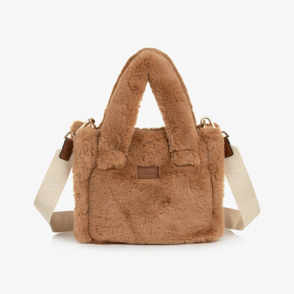 Chloé-Girls Caramel Brown Faux Fur Handbag (26cm) | Childrensalon