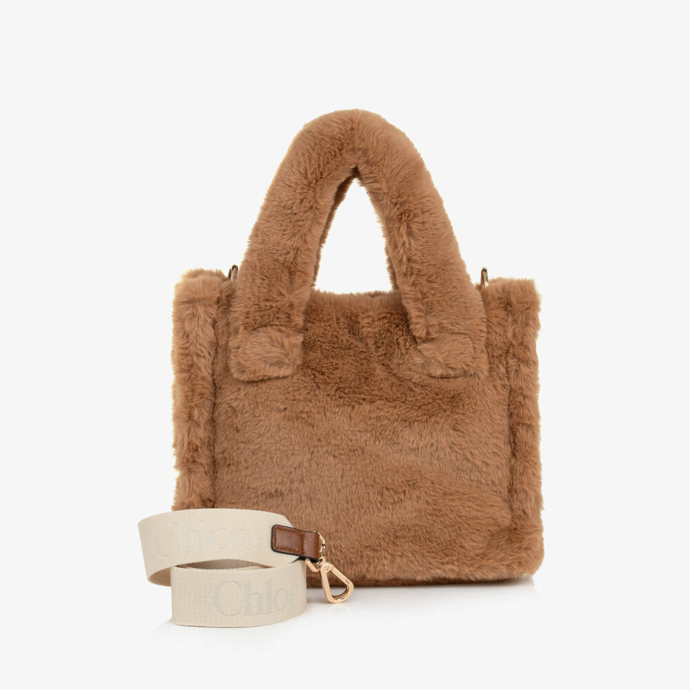 Chloé-Girls Caramel Brown Faux Fur Handbag (26cm) | Childrensalon