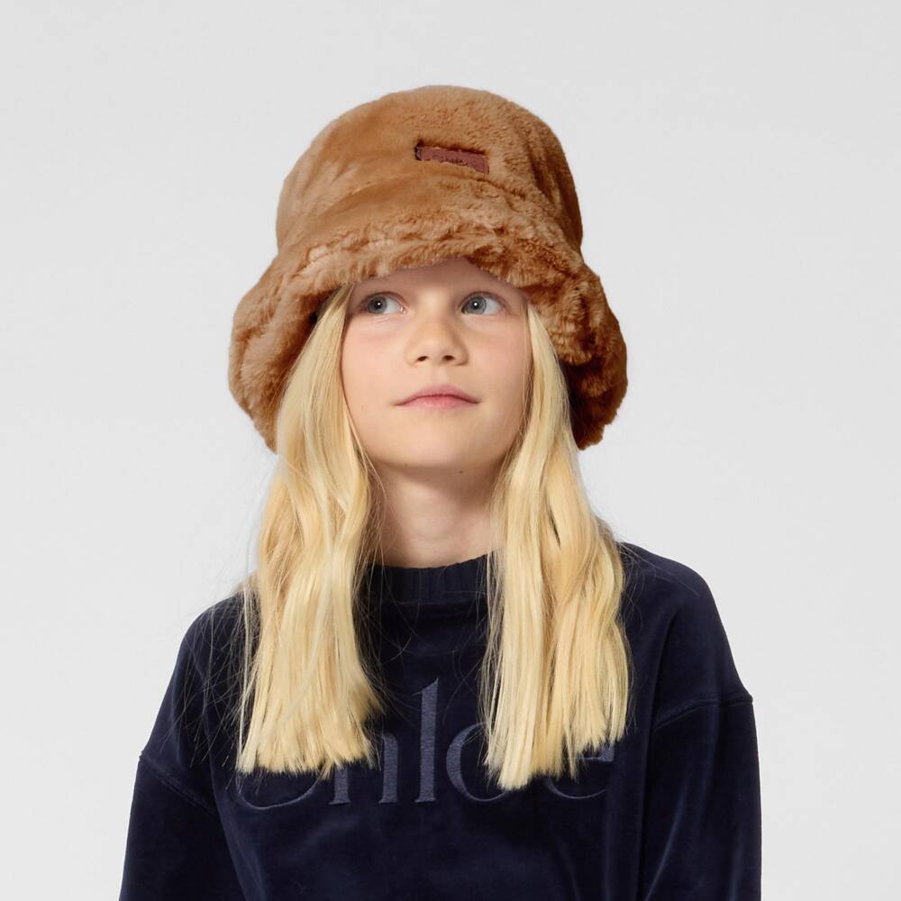 Chloé-Girls Caramel Brown Faux Fur Hat | Childrensalon