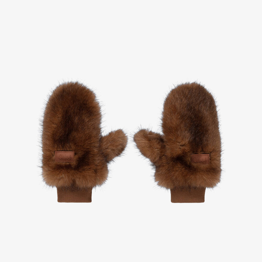 Chloé-Girls Chocolate Brown Faux Fur Mittens | Childrensalon