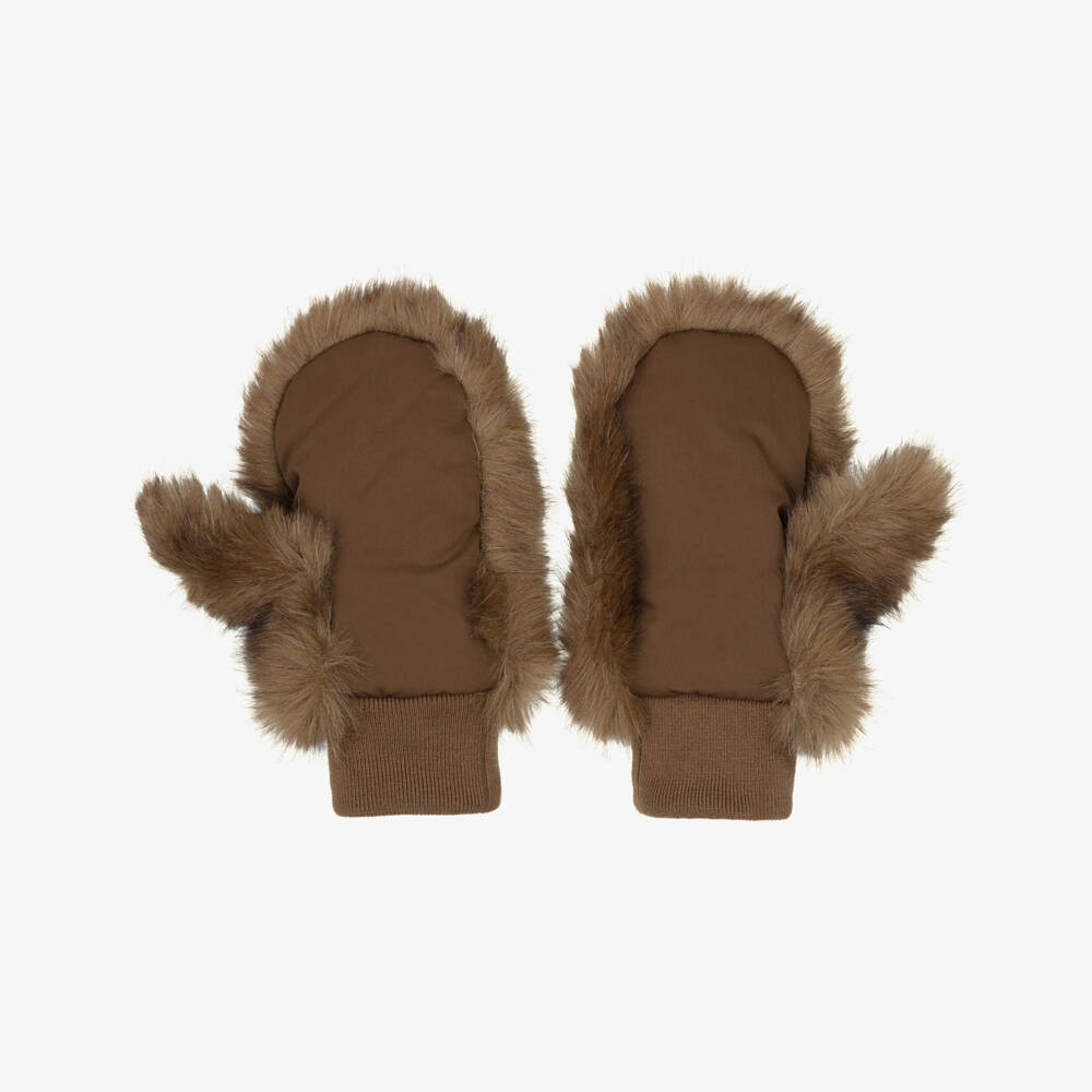 Chloé-Girls Chocolate Brown Faux Fur Mittens | Childrensalon