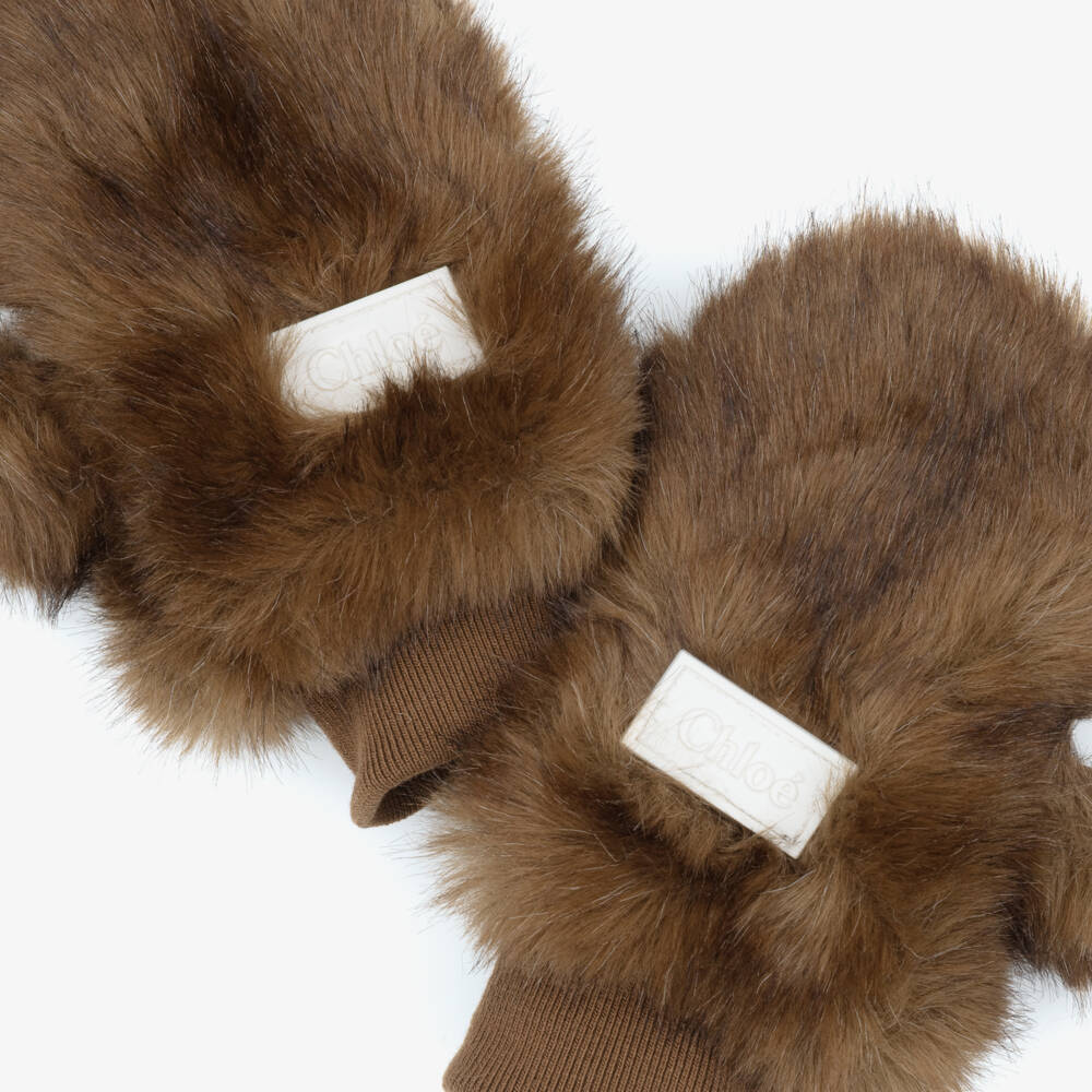 Chloé-Girls Chocolate Brown Faux Fur Mittens | Childrensalon