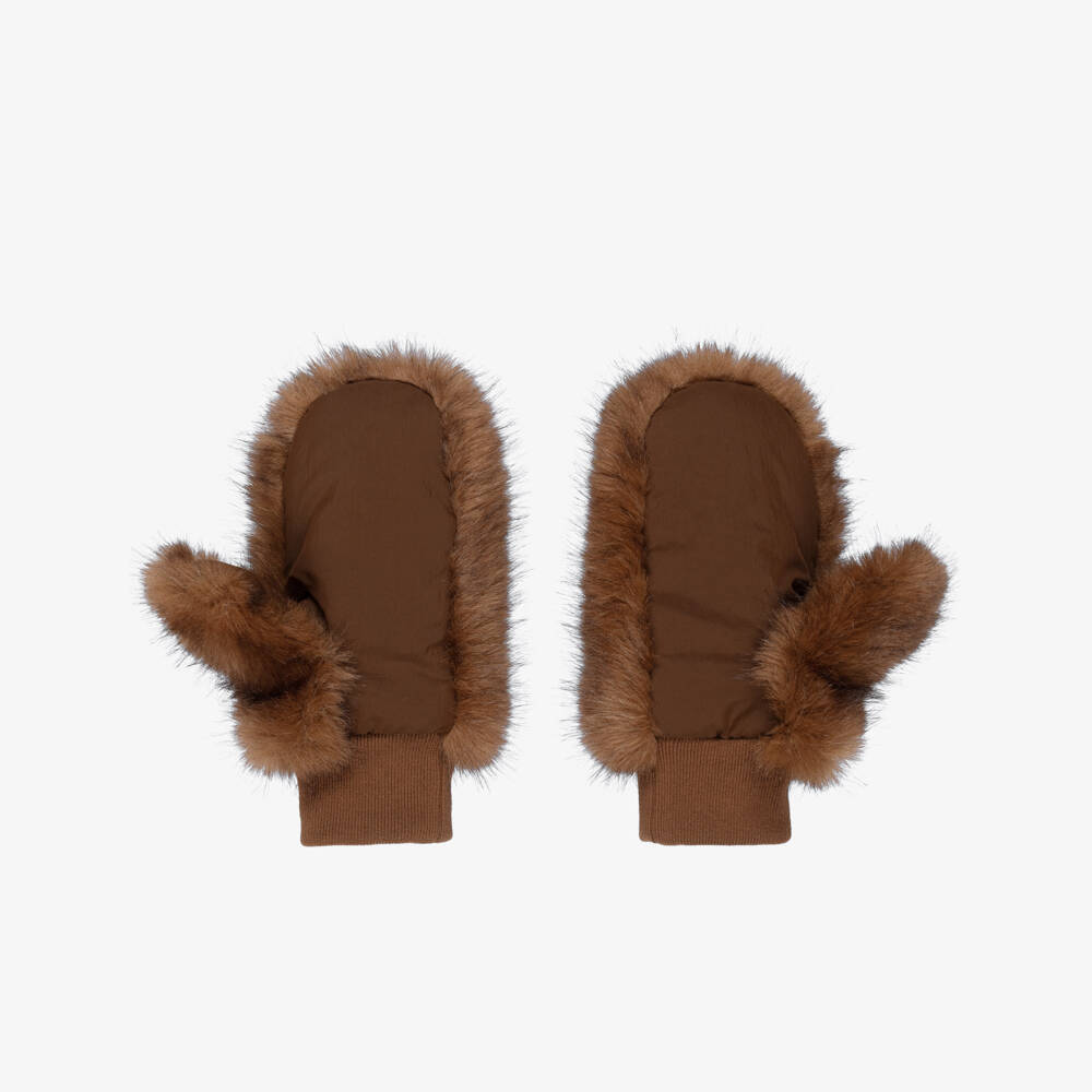 Chloé-Girls Chocolate Brown Faux Fur Mittens | Childrensalon