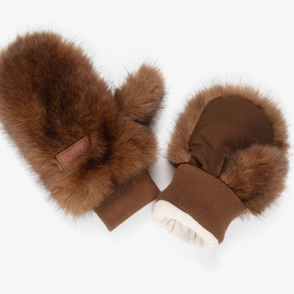 Chloé-Girls Chocolate Brown Faux Fur Mittens | Childrensalon