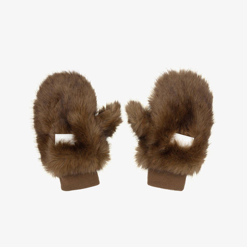 Chloé-Girls Chocolate Brown Faux Fur Mittens | Childrensalon