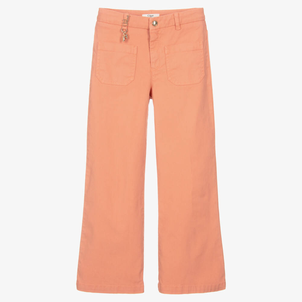 Chloé-Girls Coral Orange Cotton Wide Leg Trousers | Childrensalon
