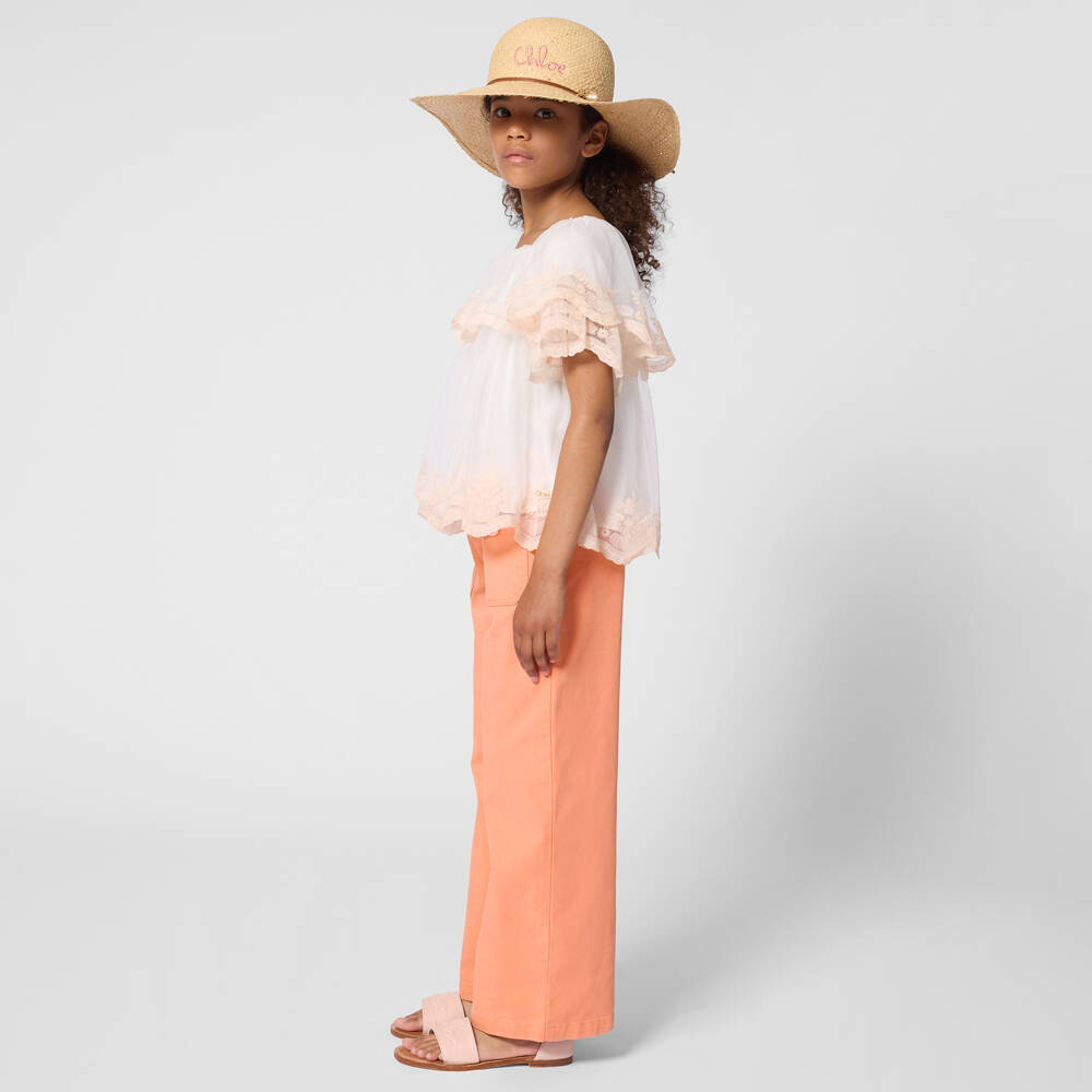 Chloé-Girls Coral Orange Cotton Wide Leg Trousers | Childrensalon