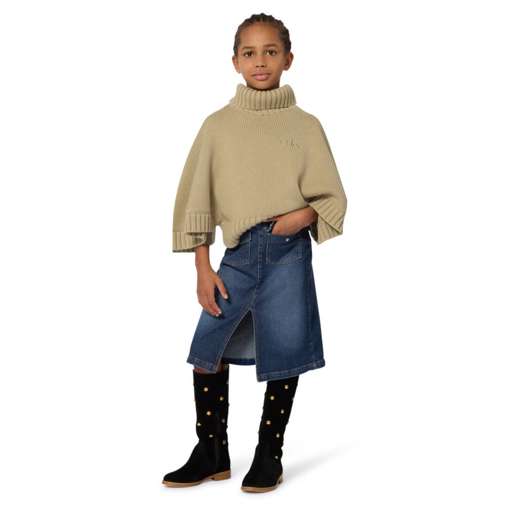 Chloé-Girls Dark Blue Denim Midi Skirt | Childrensalon