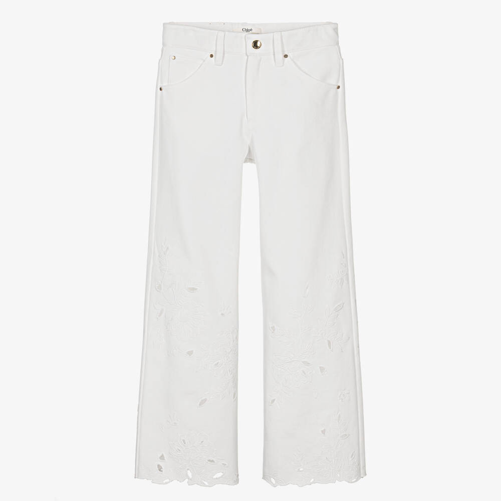 Chloé-Girls Embroidered White Denim Jeans | Childrensalon