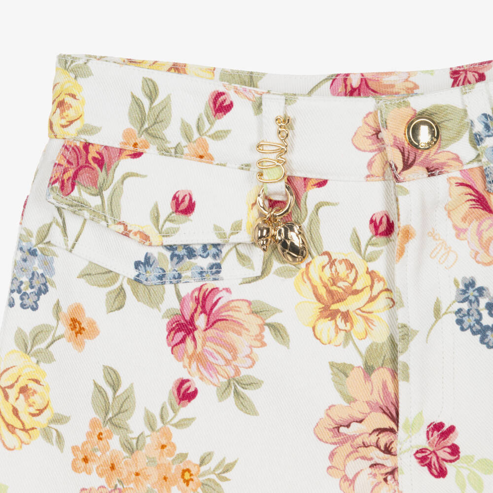 Chloé-Girls Floral-Patterned Denim Shorts | Childrensalon