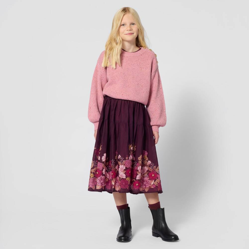 Chloé-تنورة بطبعة ورود صوف شاش لون برغندي للبنات | Childrensalon