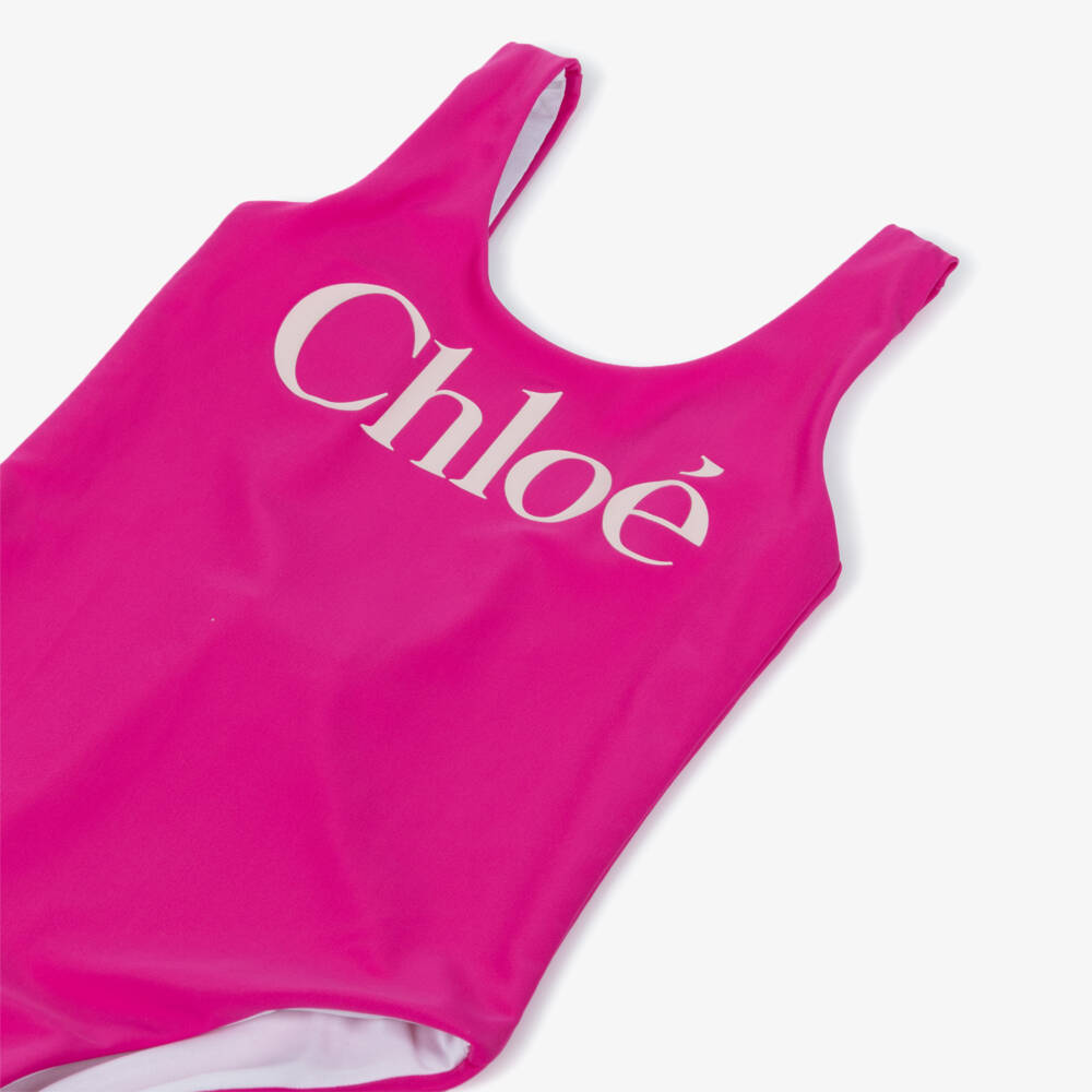 Chloé-Girls Fuchsia Pink Logo Branded Swimsuit | Childrensalon
