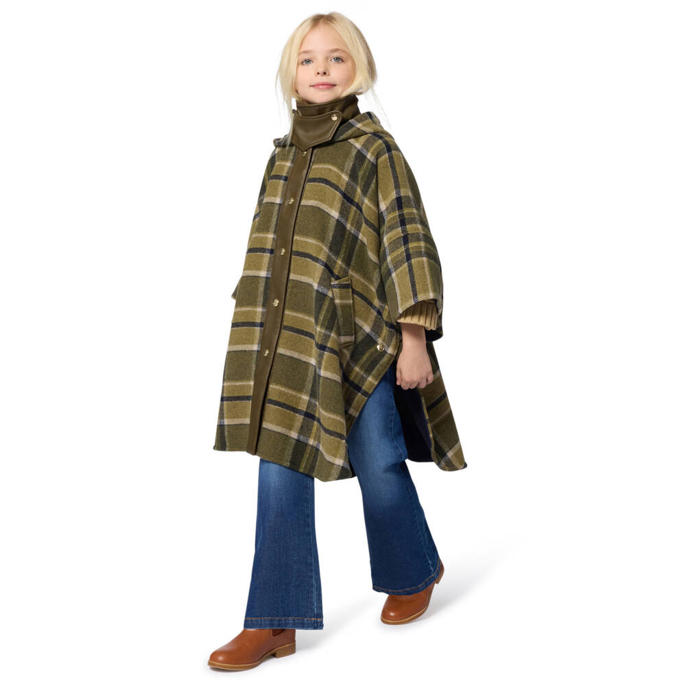 Chloé-Girls Green Plaid Hooded Cape | Childrensalon