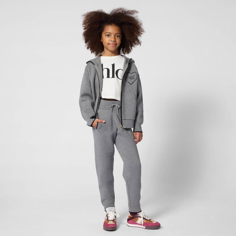 Chloé-Girls Grey Cotton Knit Zip-Up Top | Childrensalon