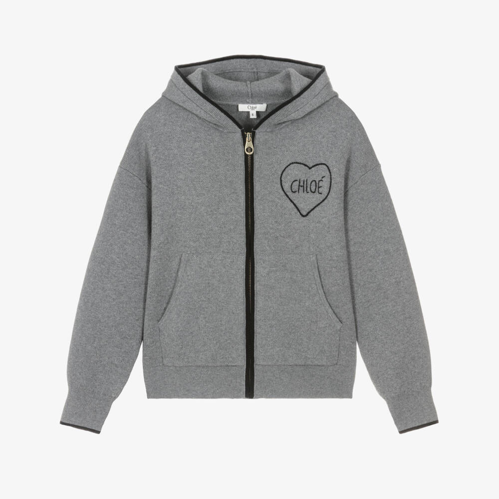 Chloé-Girls Grey Cotton Knit Zip-Up Top  | Childrensalon